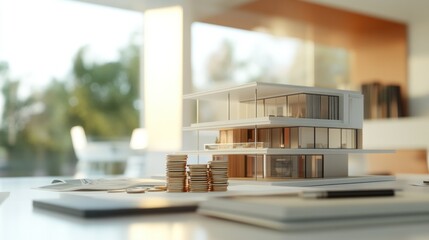 Poster - A modern architectural model displayed with design materials and a bright interior backdrop.