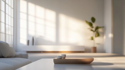 Poster - A serene interior with natural light, plants, and minimalistic decor.