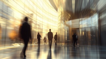 Poster - A blurred scene depicting business people walking through a modern glass building.