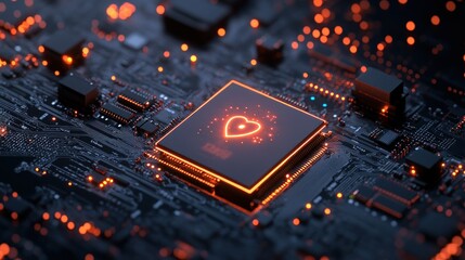 Poster - A glowing microchip with a heart symbol, representing technology and connectivity.