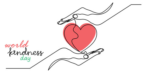 Wall Mural - World Kindness Day.continuous line global kindness vector Illustration on November 13 with a heart shape.Helping Hands in Heart concept.World Kindness Day template for background, banner,card,poster.