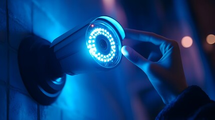 Poster - Hand holding a glowing and futuristic privacy shield device that is blocking incoming data streams from a surveillance in the background