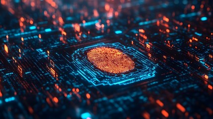 Poster - Futuristic digital fingerprint being scanned with layers of security shields and encrypted codes surrounding it in vibrant colors  Concept of advanced biometric identification