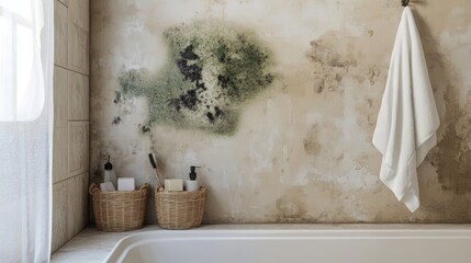 a bathroom wall with visible green and black mold growing near the shower