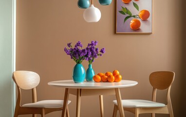 A modern dining setup features a small, round table with a white oak top, accompanied by two stylish chairs. 