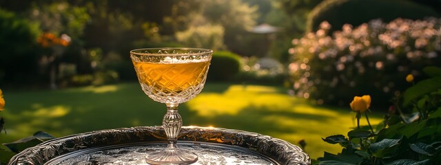 Photo of a fancy glass with a yellow cocktail on a silver tray, with a garden in the background