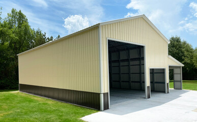 3d illustration of metal building storage with natural background.