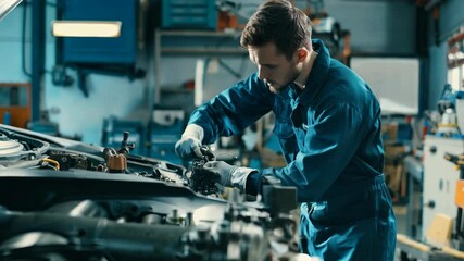 Poster - A dedicated mechanic focuses on detailed repairs of an engine in a well-equipped workshop. The environment buzzes with tools and equipment, showcasing professional craftsmanship.