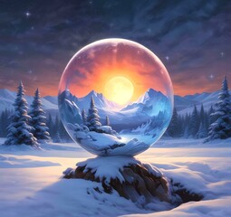 Illustration of Christmas ball decoration with winter snowy landscape and blue glowing inside.