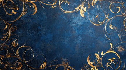 A blue background with gold ornate scrollwork around the edges.