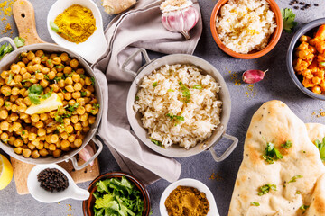 Wall Mural - curry chickpea,  dhal with rice and naan bread- assorted of indian food