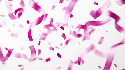 Pink confetti ribbons floating on white space