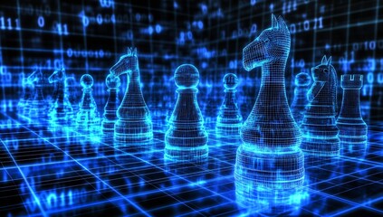 Poster - Virtual Chessboard with Futuristic Digital Chess Pieces Glowing in Blue Light : Generative AI