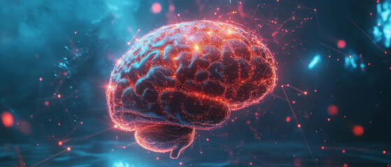 Poster - vibrant, futuristic illustration of brain illuminated with neural networks, showcasing connections and data flow in digital environment