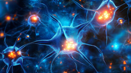 Poster - Futuristic illustration of neural networks showcasing vibrant blue neurons with glowing orange connections, representing advanced technology and intelligence