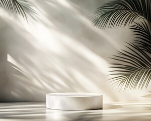 Poster - Marble Pedestal with Palm Leaf Shadows Ambient Light Artistic Display : Generative AI