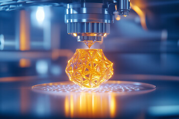Poster - A vibrant, geometric sculpture is being skillfully crafted by a printer, illuminating the workspace with its brilliance