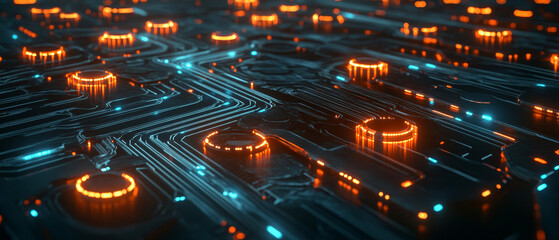 Poster - futuristic digital circuit board with glowing orange and blue lights, showcasing intricate patterns 