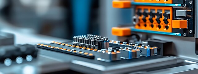 Poster - Close-up view of industrial circuit board in colorful manufacturing equipment : Generative AI