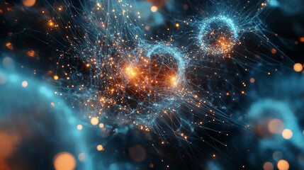 Poster - Futuristic illustration of neural networks with glowing connections and nodes, showcasing advanced technology and data flow in vibrant, abstract environment