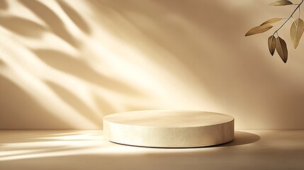 Aufkleber - Elegant Golden Podium with Leaves and Shadows in Minimalist Studio Setting : Generative AI