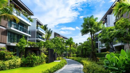 Canvas Print - A serene pathway winds through lush greenery and modern apartments under a bright blue sky, offering a tranquil living environment.