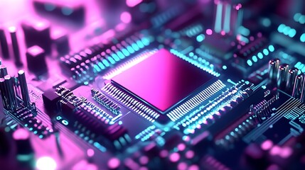 Leinwandbilder - Closeup of a Pink and Blue Circuit Board with Microchip Highlighting Advanced Electronics : Generative AI