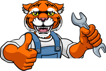 Wall Mural - A tiger cartoon animal mascot plumber, mechanic or handyman builder construction maintenance contractor peeking around a sign holding a spanner or wrench and giving a thumbs up