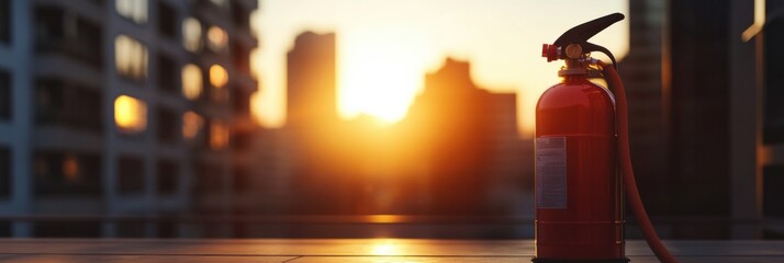 Aufkleber - A bright fire extinguisher is prominently placed on the ground near a modern building, illuminated by warm sunset light. Generative AI