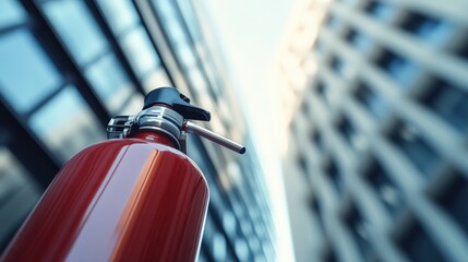 Aufkleber - A vibrant fire extinguisher stands out in the foreground while a contemporary building looms softly blurred in the background. Generative AI