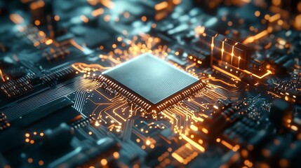 Aufkleber - Closeup View of an Advanced Microchip on an Illuminated Circuit Board : Generative AI