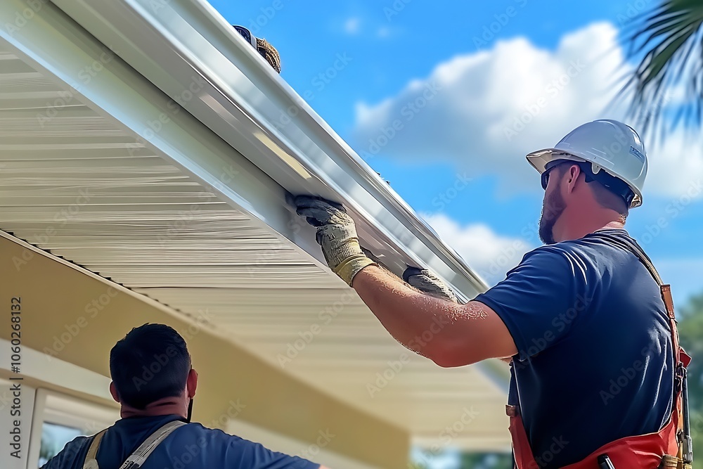 Construction team installs new roof gutters under sunny blue sky in ...