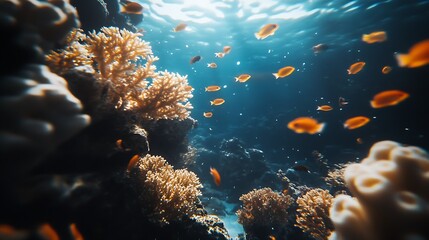 Poster - Vibrant Underwater Coral Reef with Colorful Fish Swimming in Sunlit Waters : Generative AI