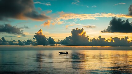 Poster - Serene Ocean View At Sunset With Small Boat And Cloudy Horizons Capturing Peaceful Evening Glow : Generative AI