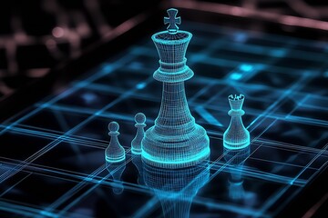 Poster - Futuristic Wireframe Chess Pieces on Digital Grid Background : Generative AI