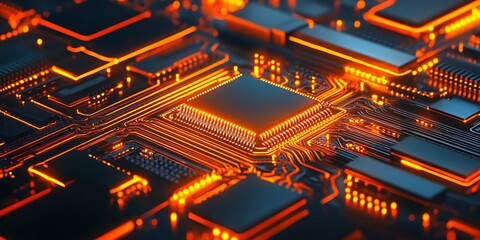 Poster - Closeup of a Modern Circuit Board with Glowing Orange Lines and Central Microchip Design : Generative AI