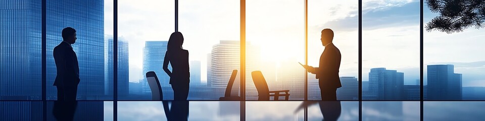 Poster - Diverse business team in modern office space sharing ideas at sunset : Generative AI