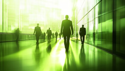Poster - Business professionals walking through modern office building with green tint effect : Generative AI