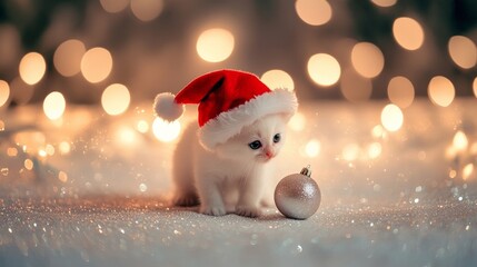 Small white kitten wearing a Santa hat and playing with a Christmas ornament on a bright, minimal background with holiday lights