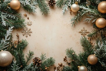 Wall Mural - christmas background with fir branches, golden ornaments and snowflakes creating a festive frame