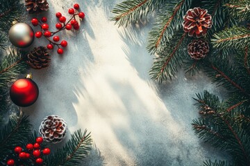 Wall Mural - Festive christmas background with pine branches, red berries, pine cones, and colorful ornaments on a textured gray surface