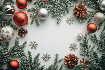 Wall Mural - Christmas background featuring ornaments, pine cones, and fir branches forming a festive frame