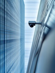 Poster - A surveillance camera is positioned on the side of an office building, overseeing the surrounding glass skyscrapers on a bright day. Generative AI