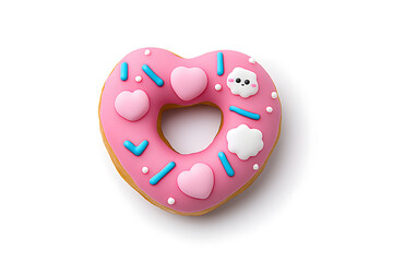 Top view Heart-shaped pink donut isolated on white background