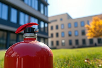 Aufkleber - A vibrant fire extinguisher is positioned prominently in the foreground, highlighting safety measures outside a contemporary building. Generative AI