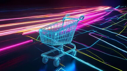 Poster - A shopping cart moves through a dazzling neon-lit environment, surrounded by colorful light trails. The atmosphere is dynamic and futuristic, creating a striking visual experience.