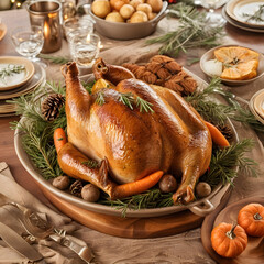 A large roasted turkey with golden-brown skin, stuffed with herbs and accompanied by roasted carrots, potatoes, and gravy. 