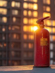 Aufkleber - The vibrant fire extinguisher catches the light as the sun sets behind a blurred urban building, highlighting safety equipment in the city. Generative AI