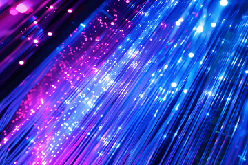 Fototapete - Dynamic tech background with cascading computer code and digital light trails, illuminated by electric blue and violet hues, creating a cybernetic feel.  futuristic technology wallpaper