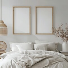 Minimalist bedroom interior with two empty picture frames above the bed. a wooden nightstand with a vase and a plant. and sunlight streaming in